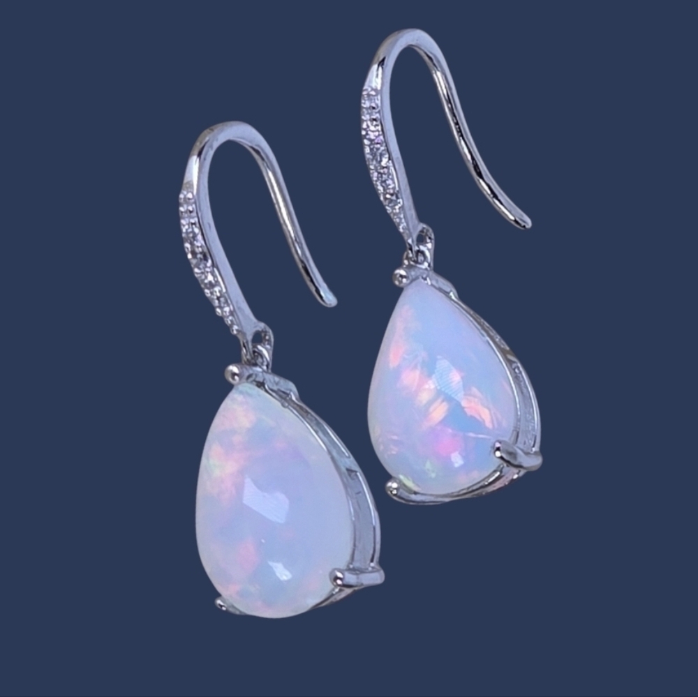 925 Sterling Silver Earrings wirh Natural White Opal 8x12mm & CZ